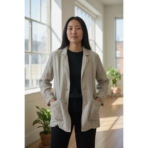 IB Diffusion Linen Blend Embroidered Blazer Jacket Women Beige Lace Detail 18